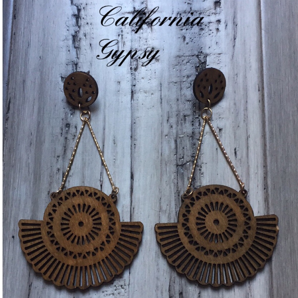 Hippie ethic boho festival wood statement earrings - Picture 2 of 4